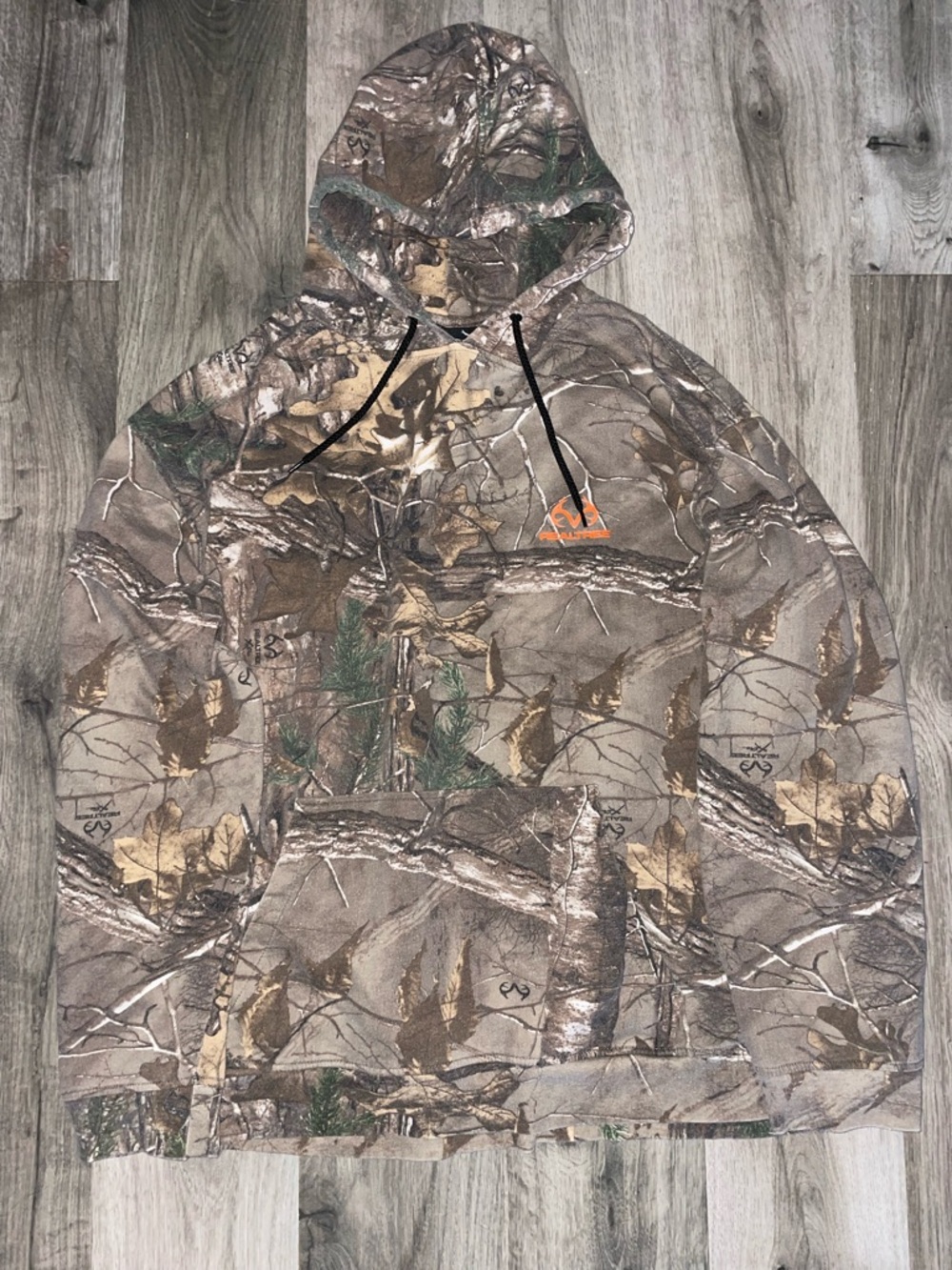 Realtree Camouflage Hoodie with Black Drawstrings and Orange Accent